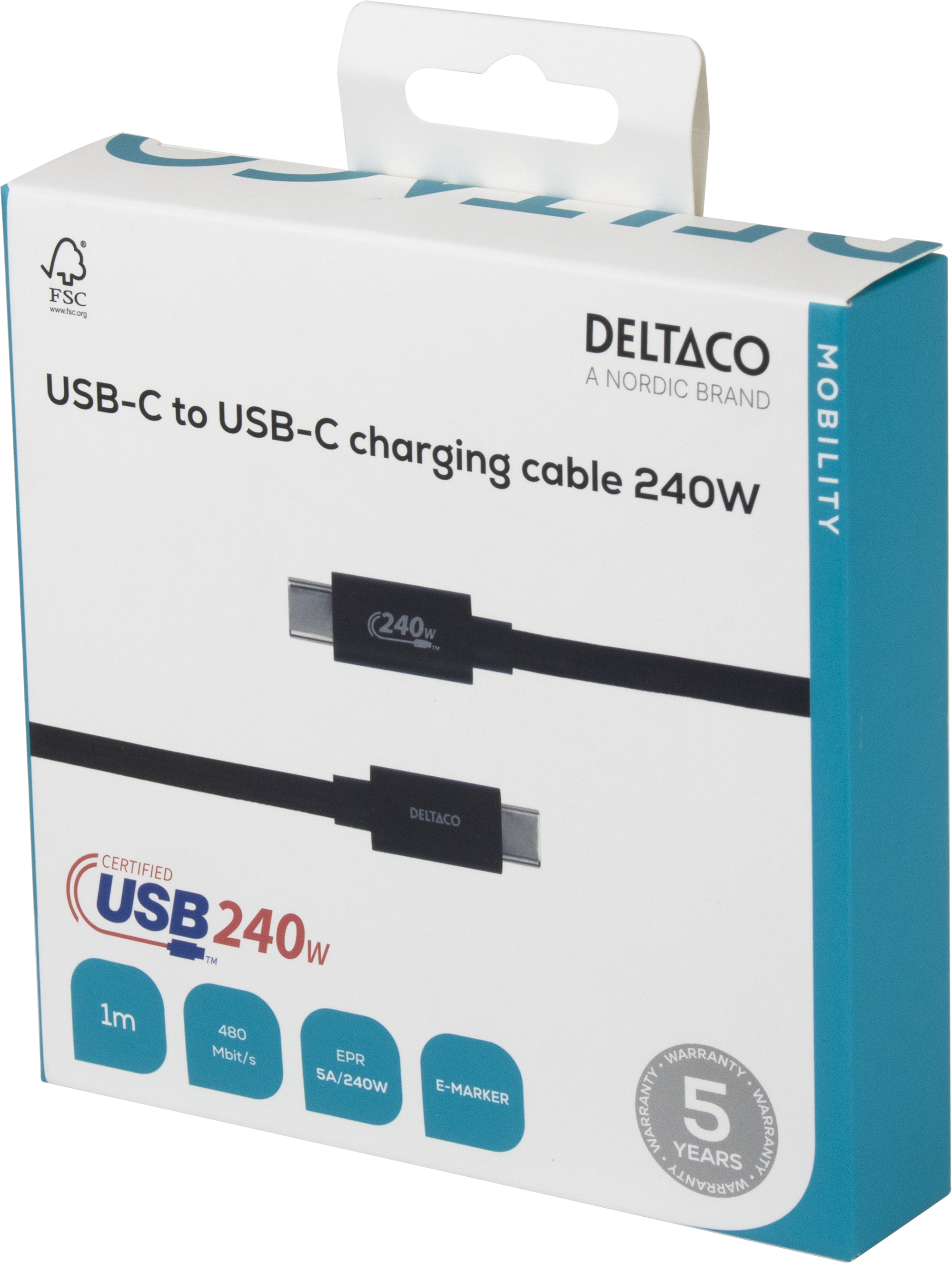 USB 2.0 charging cable, EPR 240W, 1,0m, braided black Toissijaiskuva
