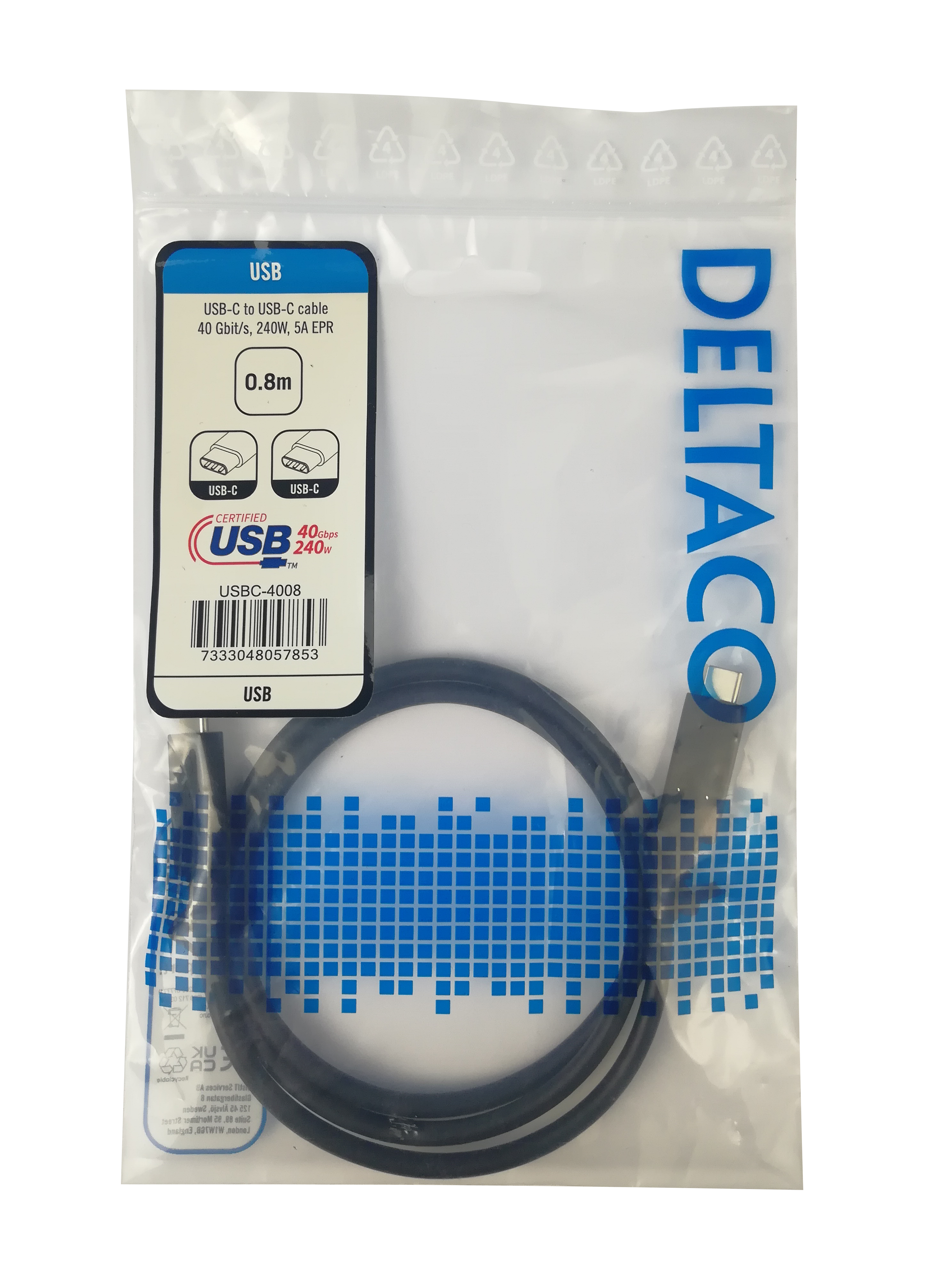 USB4 Gen 3 -kaapeli, USB-C - USB-C, 5A EPR, 0,8m, musta Toissijaiskuva