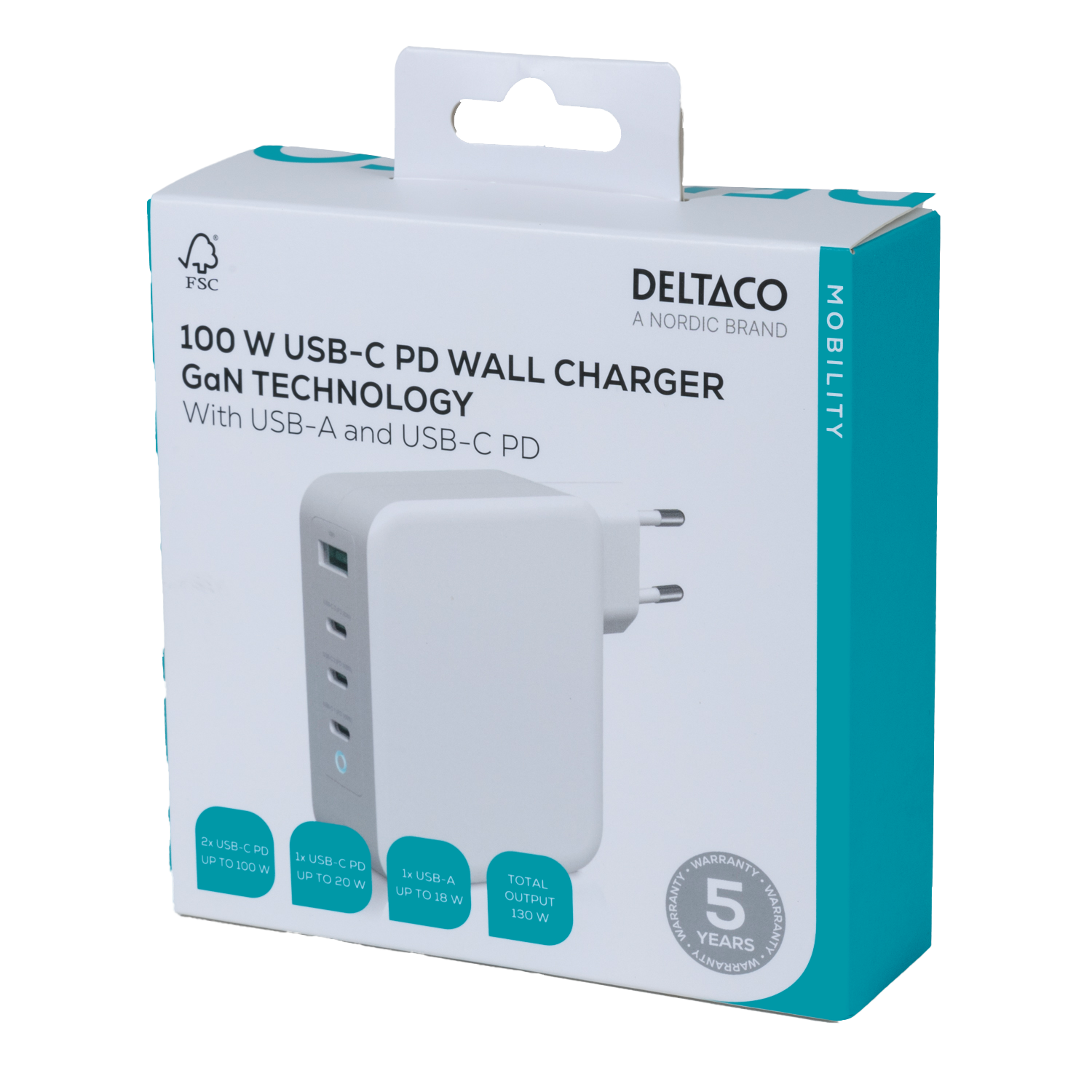 USB-C-seinälaturi, GaN, 1 x USB-A, 3 x USB-C, 100 W, valkoinen Toissijaiskuva