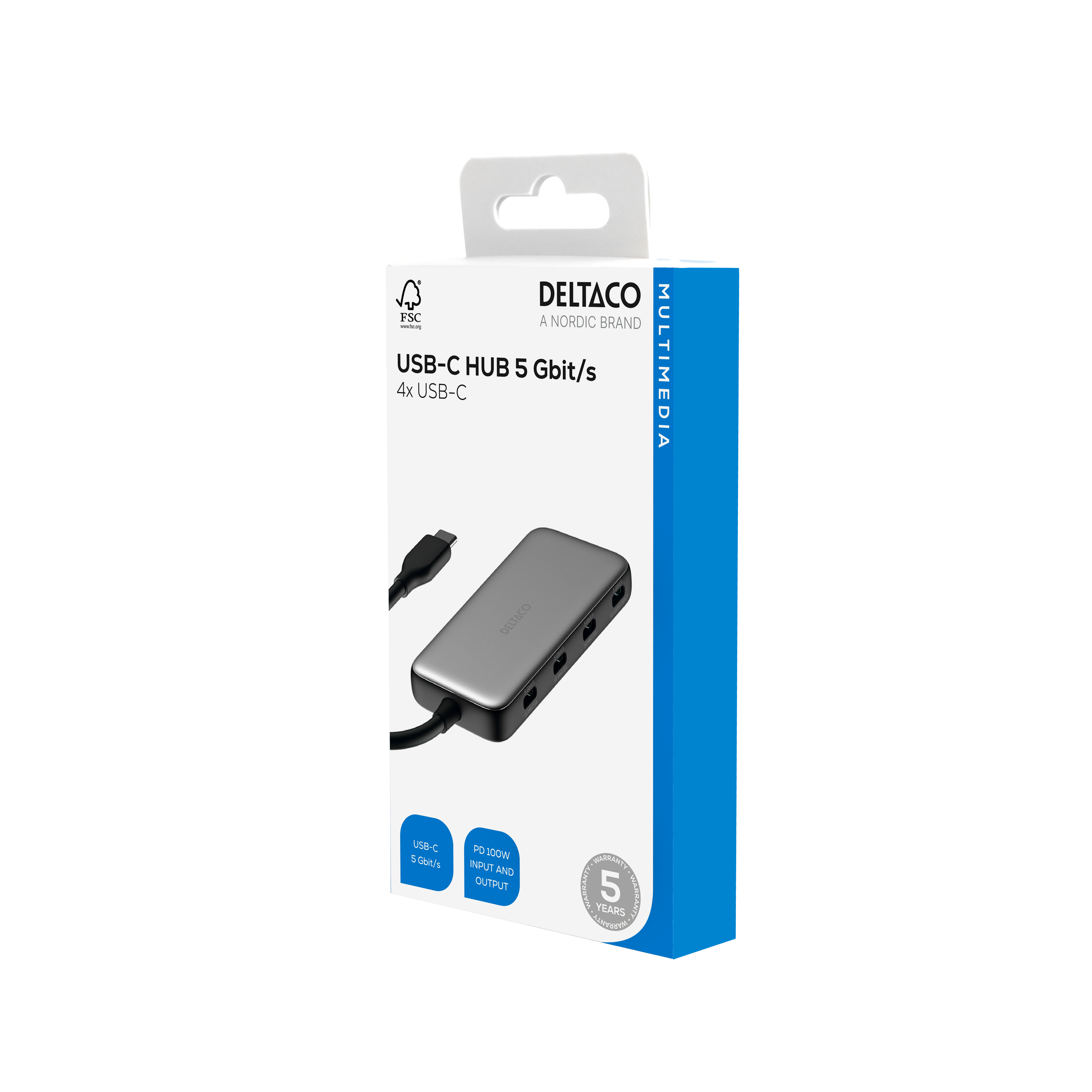 USB-C-hubi, 4 porttia, 5 Gbit/s, 100 W Power Delivery, hopea Toissijaiskuva