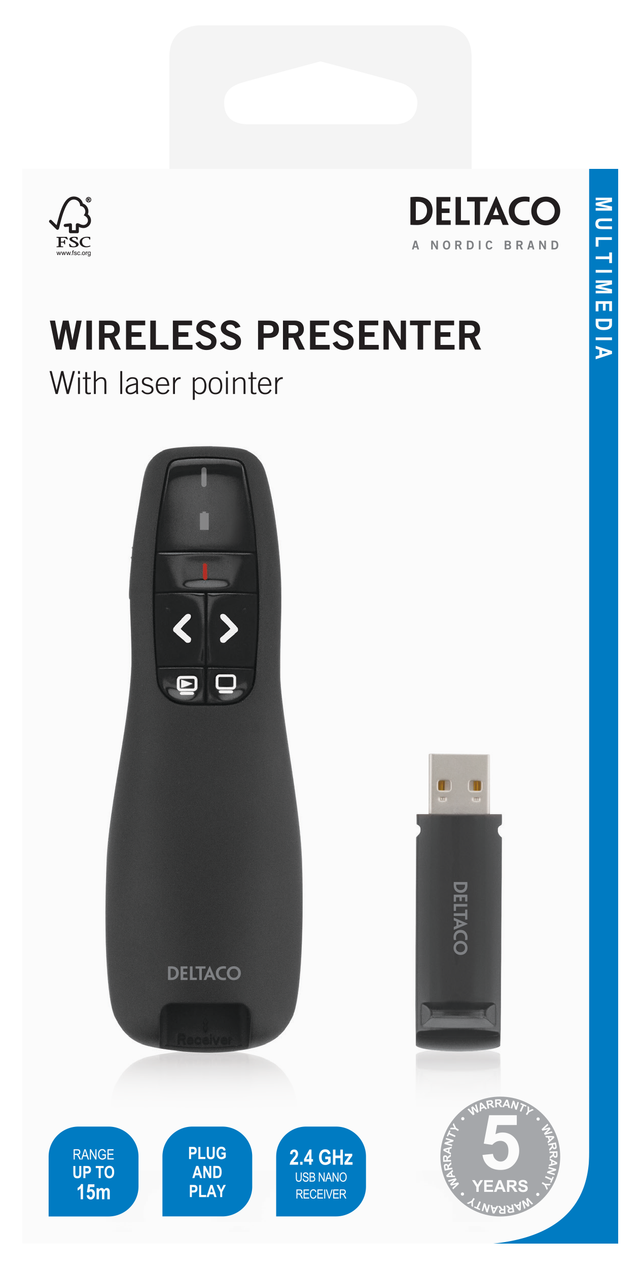 DELTACO langaton esitysohjain, laser-osoitin, 15m kantama, musta Toissijaiskuva