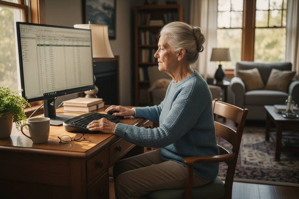 tee kuva jossa vanha ihminen istuu tietokoneen äärellä