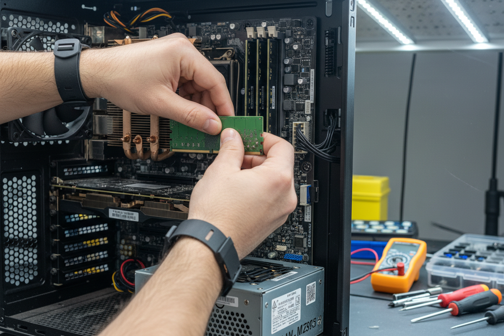 tee kuva missä korjataan tietokonetta esimerkiksi vaihdetaan piitahnoja