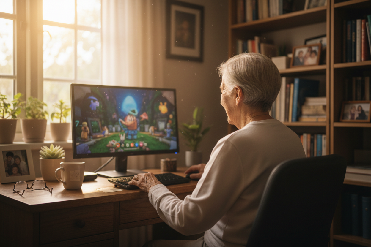 tee semmoinen vanhemman ihmisen kuva joka iloinen tietokoneen ääressä. voisi olla takaa kuvattu että naama ei näy